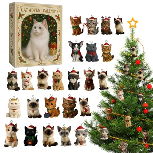 Katze Adventskalender 2025 24 Tage Katze Ornamente Weihnachten Countdown Kalender Niedliche Kätzchen Anhänger Adventskalender Mini Kätzchen Weihnachtsbaum Dekorationen Countdown Kalender für