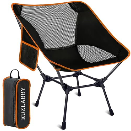 EUZLABBY Silla de Camping Plegable 120kg,compacta 1.6kg | con bolsa transporte y bolsillo lateral,acero carbono tela Oxford 900D,para senderismo pesca playa exterior