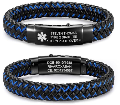 Personalised Medical Alert Bracelet for Men - Customised Leather Medical ID Bracelet Engraved Medic Info, Adjustable Emergency Identification Medic Alert Bracelets for Allergy Diabetic Epilepsy