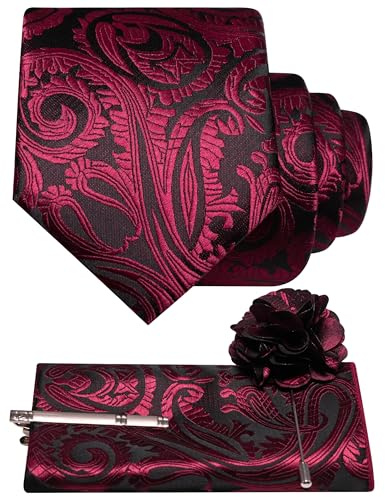 JEMYGINS Paisley Barroco Patrón Corbata Set Hombre Poliéster Elegante Pañuelo de Bolsillo Clip de Corbata Flor Boda Negocios Multicolor