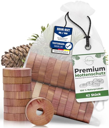 Mottenschutz aus Zedernholz | Testsieger | 42 Mottenringe | Premium Bio Zedernholzringe für Kleiderbügel ideal als Mottenfalle Mottenschutz Mottenabwehr gegen Kleider-Motten f. Kleider Kleiderschrank
