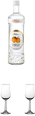 Prinz Marillen Schnaps 1,0 Liter Österreich + Nosing Gläser Kelchglas Bugatti mit Eichstrich 2cl und 4cl 1 Stück + Nosing Gläser Kelchglas Bugatti mit Eichstrich 2cl und 4cl 1 Stück