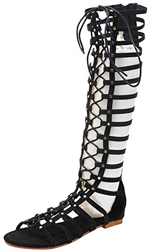 Jamron Femmes Genou Haut Gladiateur Bottes Sandales Plat Lacer Fermeture Éclair Romain Lanière Spartiate Sandale Noir SN02610 EU38