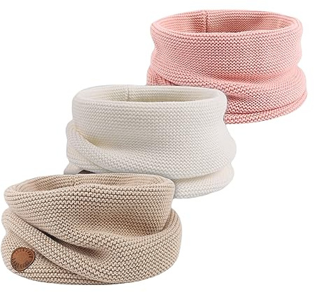 Peecabe Baby Boys Knitted Scarves Warm Toddler Girl Infinity Scarf Kids Soft Chunky Neck Warmer for Fall Winter (White+Pink+Beige)