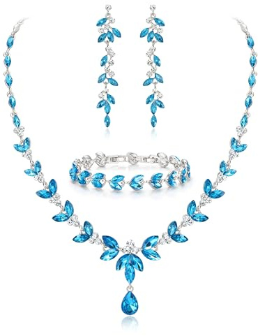Ever Faith Austrian Crystal Bridal Bridesmaid Jewelry Set, Elegant Marquise Rhinestone Leaf Necklace Earrings Tennis Bracelet Set Sky Blue Silver-Tone