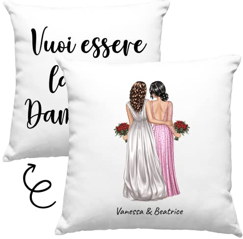 Vulfire Damigella Testimone Cuscino Regalo donna matrimonio originale - Nome, Capelli, Abito e altro da Personalizzare Idee Regali per lei - con Imbottitura (Bianco)