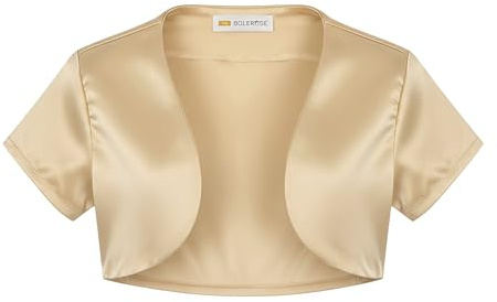 Bolerose Boléro Fille Satin Manches Courtes Cérémonie | Ouvert devant, Sans fermeture, Coupe courte, Très brillant, Facile à superposer, 3-14 ans