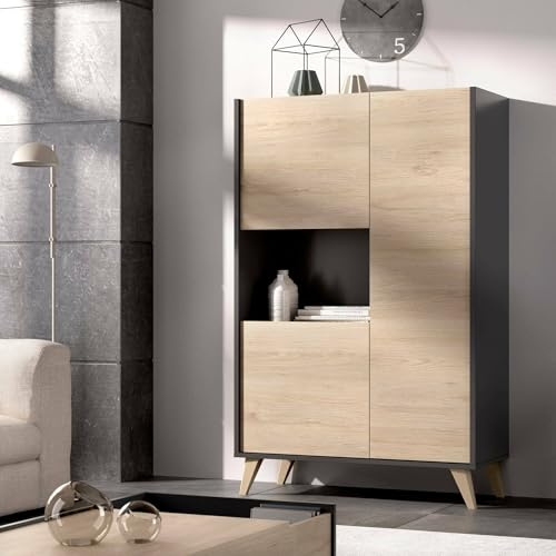 Dmora - Credenza Boario, Buffet alto da soggiorno, Madia moderna da salotto a 3 ante, 81x43h135 cm, Rovere e Antracite