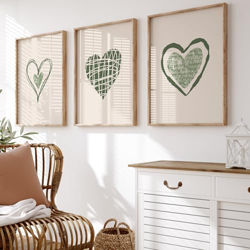 Set of 3 Heart Wall Prints, Wall Art, Love Heart Prints, Sage Green Bedroom Decor, Sage Green Wall Art, Home Decor | A3, A4 (A3)