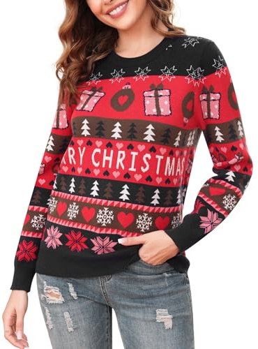 Wayleb Maglione Natale Donna Merry Christmas Maglioni Natalizi Famiglia Maglioncino Natalizio Coppia Girocollo Maglioni Brutti di Natale a Maniche Lunghe Maglia Natalizia, Nero M