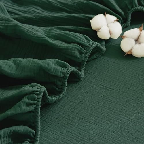 Gezu Spannbettlaken 180x200cm Doppelte Muslin Grün Dunkelgrün Weich 100% Baumwolle Muslin Hypoallergen Thermoregulierend Spannbetttuch Bettlaken 180x200 Spannbettlaken Sommer für bis 30cm Matraze