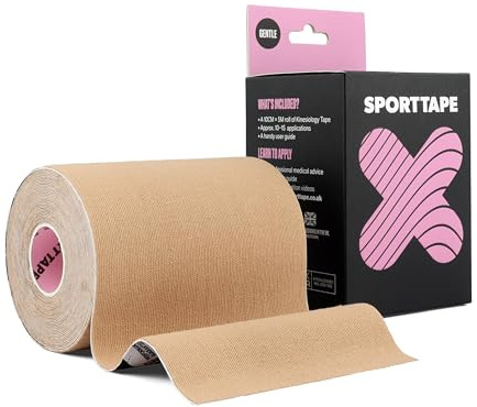 SPORTTAPE Gentle Kinesiologitejp 10 cm x 5 m Hudfärgad – Extra bred för känslig hud | Hypoallergen och latexfri fysiotejp för rygg, bröst, FTM och muskelstöd | Vattentät och bekväm att bära