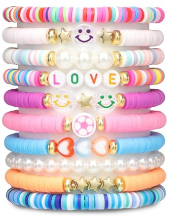 Qubitly 10 Pcs Friendship Bracelets Set, Beaded Bracelets with Smile Face, Heart, Stars, Letter Beads, Stretch String BFF Friendship Gifts for Girls and Kids, Girls Party Bag Fillers