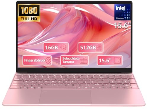 2026 Neueste 15.6 Zoll FHD Laptop|16GB RAM 512GB SSD|Celeron 5205U Prozessor |QWERTY Tastatur mit Hintergrundbeleuchtung|Fingerabdruckleser|WiFi |HDMI|Notebook Computer für Unternehmen und Studenten|