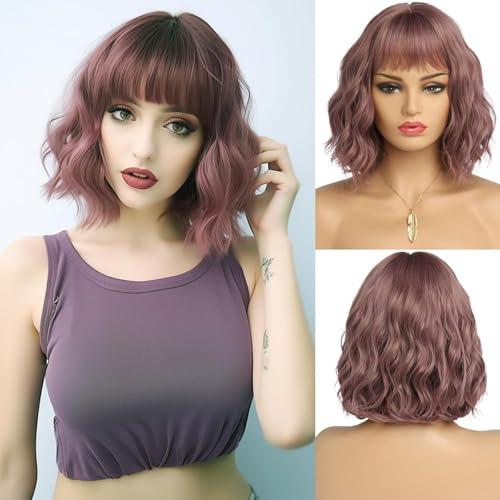 Essiontech Perruque courte avec frange - Cheveux synthétiques ondulés - Pour femmes avec racines foncées - Aspect naturel - Violet clair - 36 cm