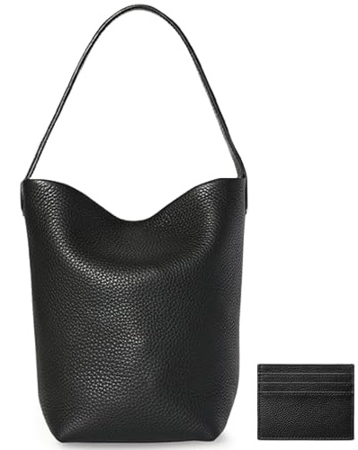 Genuine Leather Bucket Bag with Credit Card Holder Wallet, First Layer Pebble-grained Calfskin Tote Bag, Leather Handbag with Cotton Insert Pocket (Black, Medium)