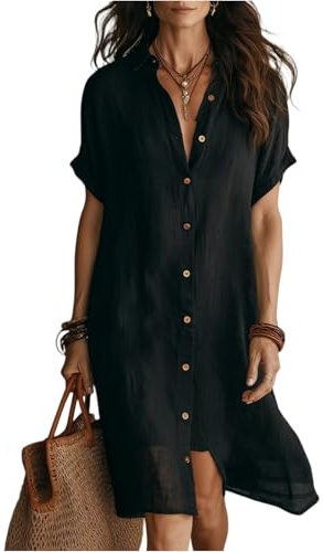Conjuntos Mujer Verano, Vestido Elegante Mujer, Vestido De Verano para De Color Liso Manga Corta Blusa Abotonada Vestidos Camisero Ligero Y Vaporoso Vestidos Tipo Camiseta Informal Bohemio Holgado La
