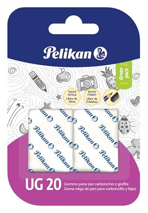 Pelikan UG 20 suddgummi, Färg Vit, Lämplig för teknisk ritning, konstnärlig och skola, formbar gummi för kol, penna och grafit, skola och kontor, 2-delad blister