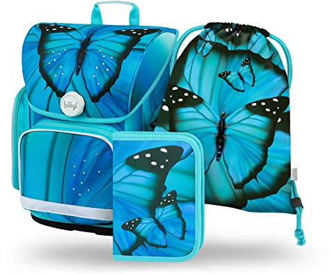 Baagl Set di 3 zaini per la scuola Ergo per la prima classe, zaino ergonomico per la scuola elementare con cintura toracica, farfalla, Set per la scuola
