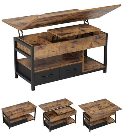 Couchtisch Höhenverstellbar, 3-in-1-Multifunktions-Wohnzimmertisch, Couchtisch mit 2 Schublade, Kaffeetisch, Versteckter Aufbewahrung, Offenes Fach, Als Esstisch nutzbar, für Wohnzimmer, Büro, Braun