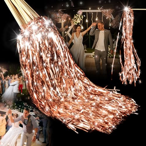 Simgoing 24 Pcs Lighted Wedding Wands LED Tinsel Wands Light up Streamers Sparklers for Wedding Send Off and Exits Birthday Party Props Favors(Rose Gold Tinsel)