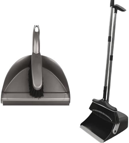 ZEEWIZZ Long Handled Dustpan and Brush, Broom and Dustpan Set, Household Dust pan Combo with 54 Inch Handle for Indoor Outdoor Household Cleaning and Sweeping (Black)