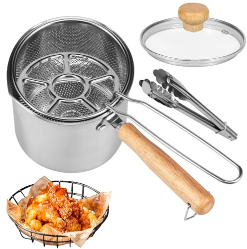 Deep Fryer Pot with Strainer Basket & Clear Lid & Food Tongs & Hob Rack, 1.2L Stainless Steel Deep Oil Fryer Pan with Wood Handle, Mini Chip Pan Fryer Oil Container for Fries Fish Shrimp Chicken Wing