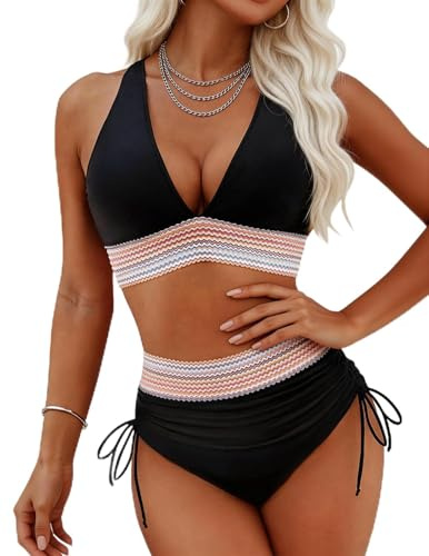 HUXRAKV Ensembles Maillots Deux pièces pour Femmes Rembourré Maillot de Bain de Plage Epissure de Sangle à la Taille Haute Triangle Bikini Set,D-Noir,M