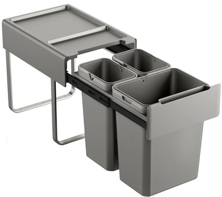 SVITA EMCombo40 Einbaumülleimer 40L (2x10L+20L) 3 Fächer mit Deckel Mülltrennsystem 3fach Küche Unterschrank Abfalleimer ausziehbar Grau
