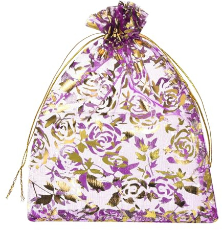 QUARKZMAN Sacchetti Organza, 10 x 12cm, Buste Regalo con Coulisse Cuore con Fiori in Rete Trasparente, Sacchettini Bomboniere Ingrosso, Sacchetti per Gioielli,(Rosa Rosso-Oro, 50Pz)