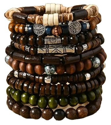 ware-direkt 10er Set Holzperlen-Armbänder – elastisch & dehnbar – Unisex Schmuck – für Damen & Herren – Festival Boho Style – ohne Verschluss – leicht & bequem – Modeschmuck
