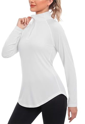 iClosam Maglia Sportiva Donna Manica Lunga Maglia Tecnica Trekking con Mezza Zip Maglietta da Corsa Traspirante Maglie Running Leggera Bianco M