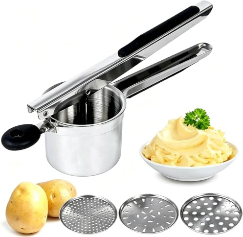 Potato Ricer,Stainless Steel Potato Masher with 3 Interchangeable Discs,Ricer for Mashed Potatoes,Mashed PotatoMasher for Commercial Home Use,Potatoes Press Kitchen Gadget Fruit Veg Press(Black)