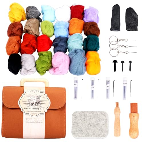 Ensemble Laine à Feutrer 24 Couleurs, Laine à Feutrer Set pour Feutrage à Sec & à l'Eau avec Sac de Rangement, Outils et Bandes pour Créations DIY Animaux et Kits Artisanaux Feutre