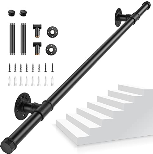 Corrimano Scale, 1M Passamano Scale Nero, corrimano per scale interno con Tubo in Acciaio Zincato Industriale Antiscivolo Antiruggine, Ringhiera per Scale Interne per Cucina Bagno Giardino