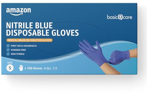 Amazon Basic Care Guanti monouso blu in nitrile, Senza polvere, Taglia S, 100 unità, (Precedentemente Marchio Hevea)