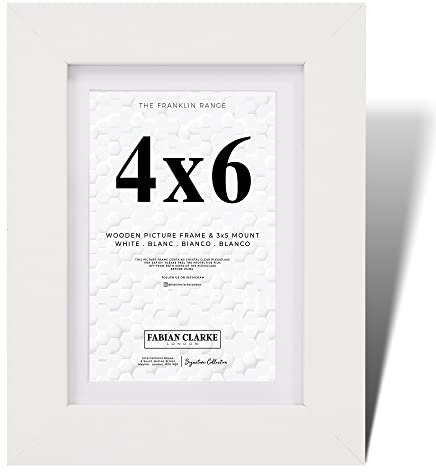 Fabian Clarke London® 6x4 Modern White Wooden Picture Photo Frame with White 5x3 Mount Includes Glass Front Hang Portrait or Landscape