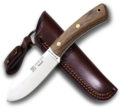 joker Coltello da caccia Nessmuk CN136, manico in noce, lama Sandvik 14C28N da 11 cm con affilatura piatta, con fodero in pelle marrone, di pesca, caccia, campeggio e trekking.