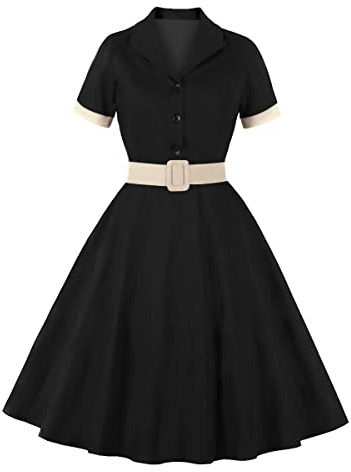 Damen Kerbe Revers Vintage V-Ausschnitt Cocktail Swing Kleid 50er 60er Jahre Button Up 1950er Rockabilly Abschlussball Midi Abendkleid mit Taschen, Schwarz, X-Groß