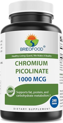 Brieofood Chromium Picolinate 1000 mcg Pills - 240 Tablets - 240 Servings - Non-GMO, Gluten Free
