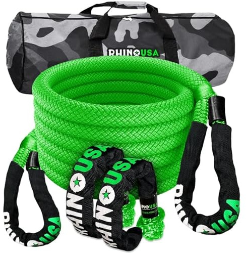 Rhino USA Kit de Récupération de Corde Cinétique 13,000 kg - 2.2 cm x 9 m - Sangle Remorquage Voiture Tout-Terrain avec 2 Manille Treuil 4x4 pour UTV ATV LKW Tracteur Camion Quad - Vert