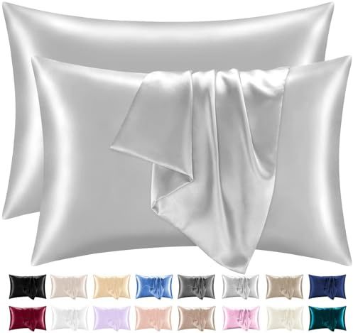 Lazzaro Satin Silk Pillowcases for Hair and Skin - Hypoallergenic Silk Pillow Cases 2 Pack with Envelope Closure - Ultrasoft Standard Size Grey Silk Pillowcases (50 x 75 cm)