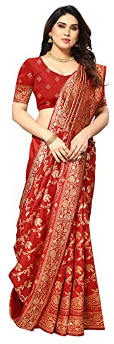 Sidhidata Kanjivaram Banarasi Sari en soie jacquard avec chemisier pour femme (taille unique), Rouge, taille unique