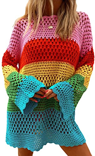 FeMereina Vestido de punto de ganchillo para mujer, cubierta de traje de baño, manga larga, colorido, arcoíris, suéter, vestido, ropa de calle, Colorido, M