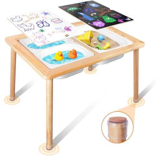 TERRAMUS Table pour Enfants, Table Sensorielle en Bois avec 3 Bacs de Rangement, Table d'eau et de Sable avec Couvercles Intérieure et Extérieure, Table d'activités pour Apprendre, Manger, Jouer