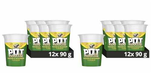 Pot Noodle Chicken & Mushroom Standard Pot Noodle instant vegetarian snack quick to make noodles 12x 90 g (Pack of 2)