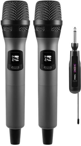 FerBuee Wireless Microphone Dual Professional Cordless Mic Handheld Microphone System for Amplifier, PA System, Karaoke, Meeting, Party, Church, DJ, Wedding (Grey & Grey)