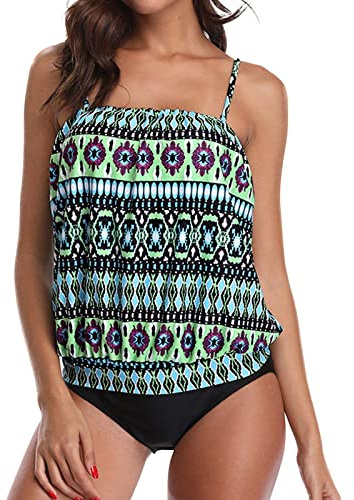 2 Piece Swimming Costume Women Tankini Sets for Women UK Bandeau Swimsuits with Detachable Straps Strapless Low Waist Swimwear Tummy Control Blouson Tankini Top with Shorts Printec Bathing Suit Green