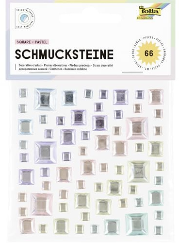 folia 12315 – Dekorationsstenar SQUARE PASTEL, 67 fyrkantiga glitterstenar i 5 pastellfärger, klistermärken i 3 storlekar självhäftande, för dekoration och dekoration
