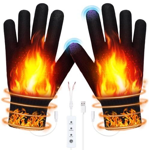 Snorthy USB Heated Gloves for Men and Women Touchscreen Electric Heated Gloves 3 Levels Adjustable Temperature Thickened Plush Knitted Heating Thermal Glove for Indoor Outdoor Cycling Typing (Black)